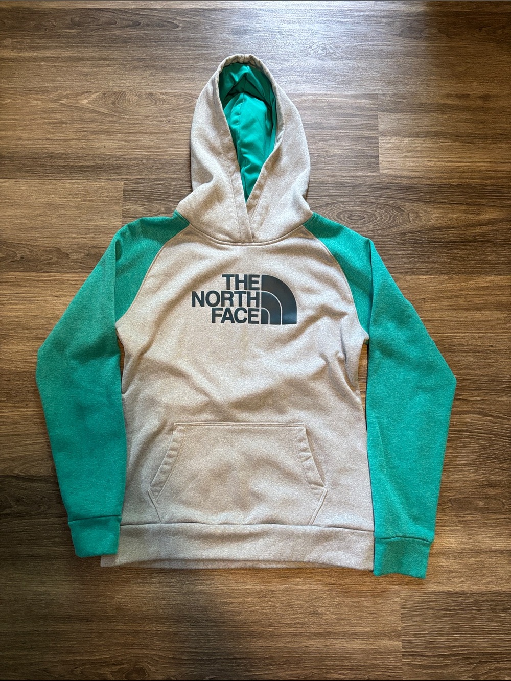 The North Face Grey Body with Green Sleeves Crewneck Hoodie